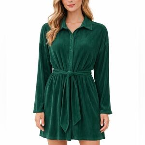 Papermoon Emerald Green Plisse Shirt Dress Large Belted Mini NWT